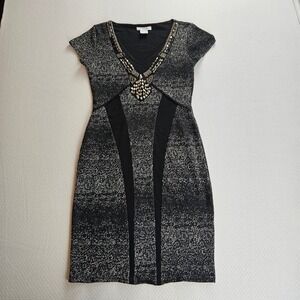 Jus d'Orange Paris French Black Metallic Beaded Sheath Bodycon Dress L Luxury